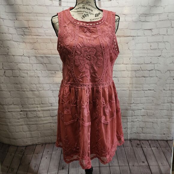 Anthropologie Entro Dress Womens Medium Pink Sleeveless Embroidered Lace Lined - Picture 1 of 13